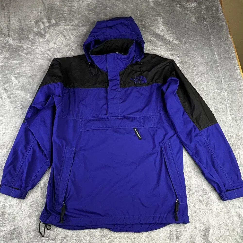 North Face Pullover Jacket Mens Medium Blue Black Stow Pocket Hooded Outdoors‎